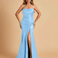 Sexy Satin Mermaid Prom Dresses Spaghetti Straps Scoop Side Slit Criss-cross Back