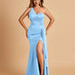 Satin One Shoulder Mermaid Bridesmaid Dresses Side Slit Floor Length