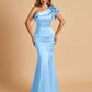 Satin One-shoulder Bridesmaid Dresses Ruffle Sleeves Mermaid Floor Length For Sale