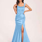 Sexy Satin Square Mermaid Bridesmaid Dresses Pleats Side-Slit Floor-Length Sleeveless