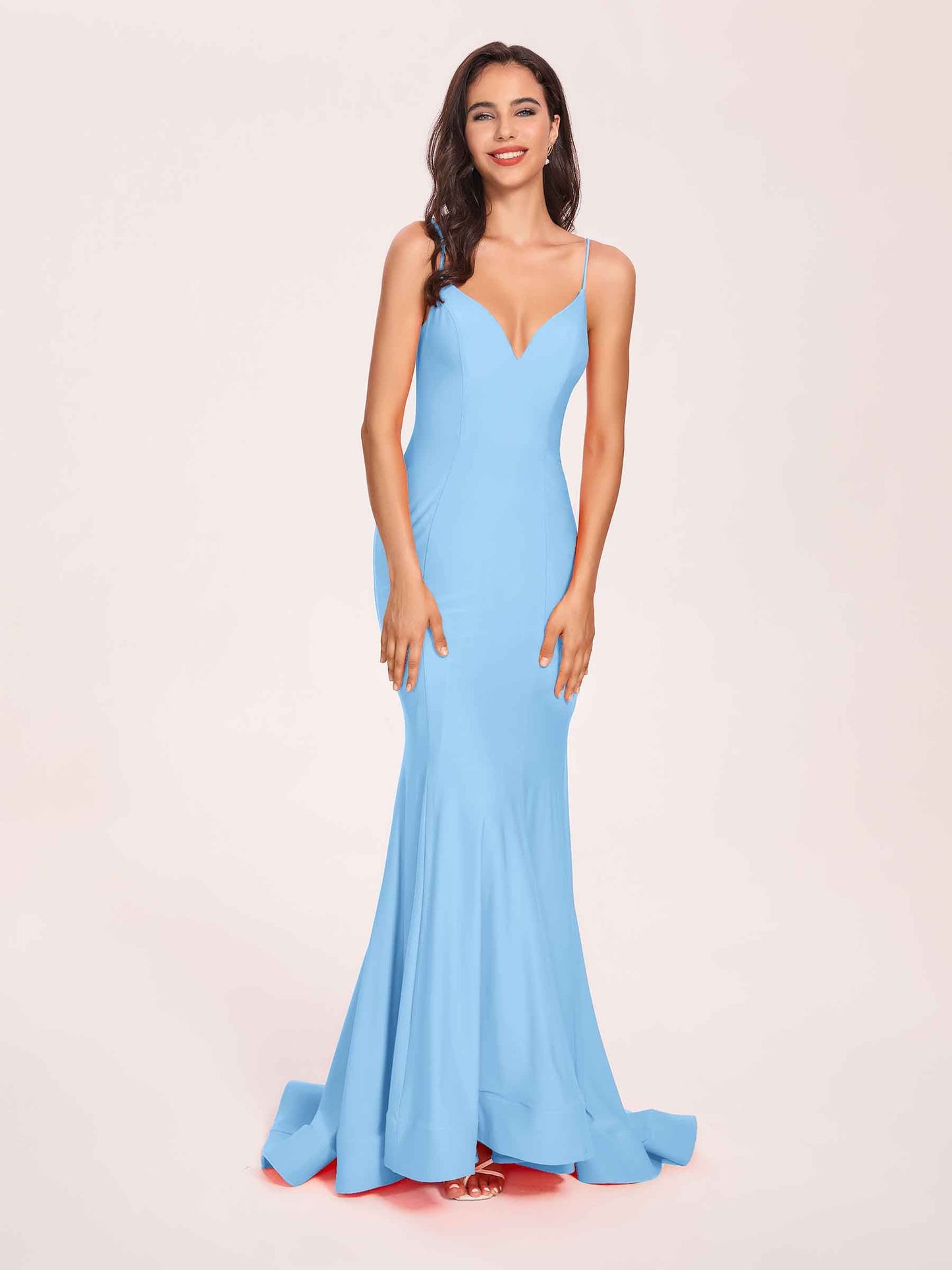 Sexy Satin Mermaid Prom Dresses Spaghetti Straps V-neck Floor Length Lace-up Back