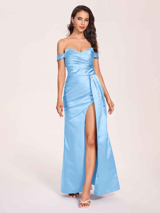 Elegant Satin Off Shoulder Bridesmaid Dresses Side-slit Sweetheart Floor Length Sheath