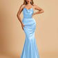 Satin Mermaid Open Back Bridesmaid Dresses Spaghetti Straps Scoop Floor Length