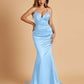 Satin Mermaid V-neck Prom Dresses Spaghetti Straps Floor Length