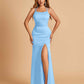 Satin Mermaid Long Bridesmaid Dresses Spaghetti Straps Scoop Side Slit Criss-cross Back