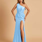 Unique Satin One Shoulder Sheath Bridesmaid Dresses Open Back Side Slit Floor Length