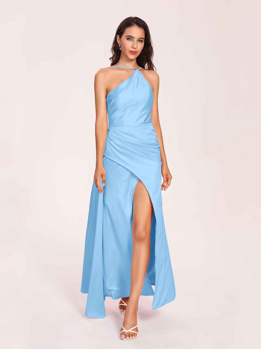 Sexy Satin Halter Strap Sheath Bridesmaid Dresses Side Slit Pleats Floor Length