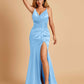 Sexy Satin Mermaid Bridesmaid Dresses Spaghetti Straps V-neck Side Slit Half Open Back