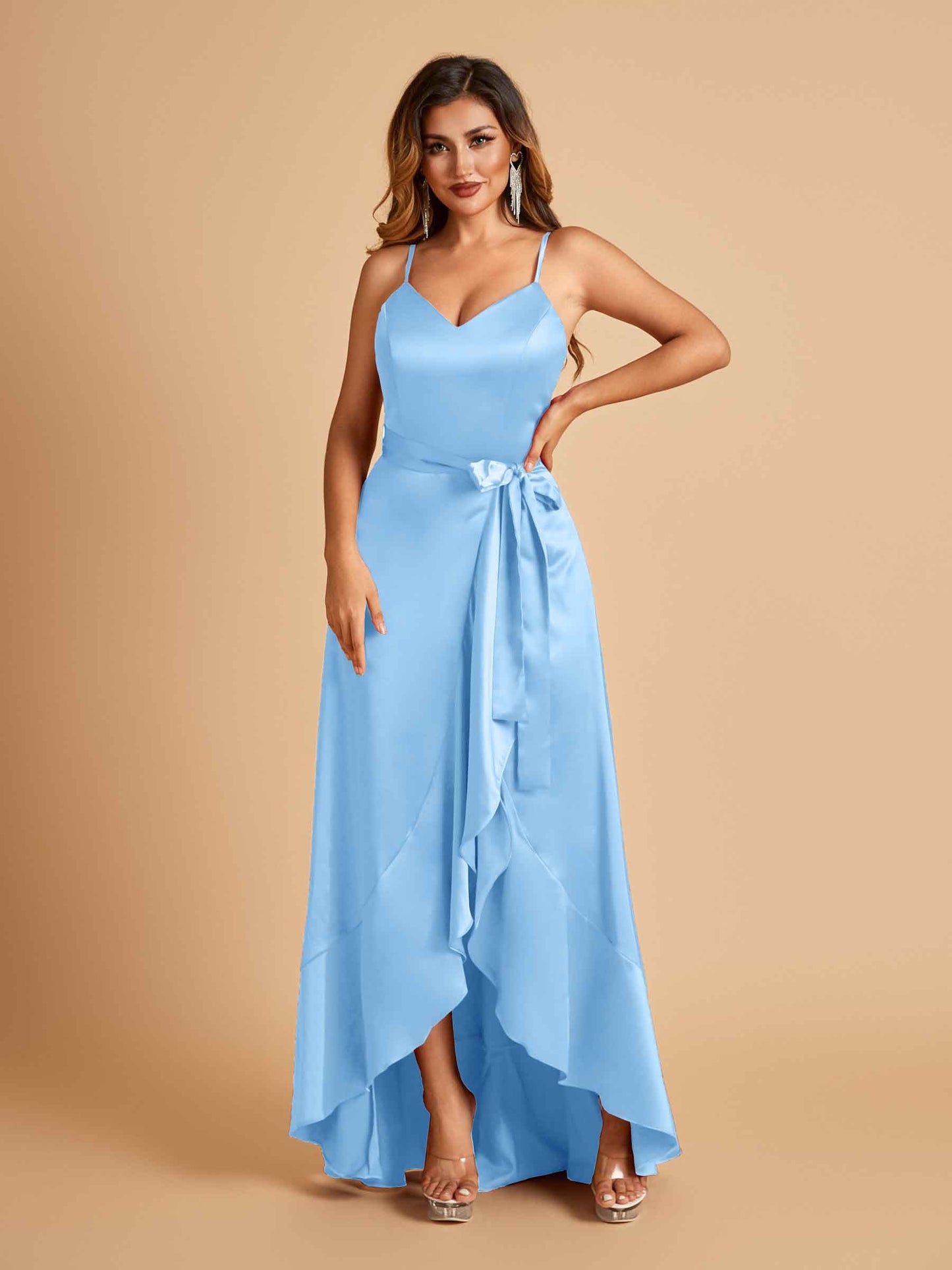Satin Asymmetric V-neck Prom Dresses Sleeveless Side Slit A-line Unique