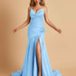 Sexy Satin Mermaid Open Back Prom Dresses Spaghetti Straps V-neck Side Slit