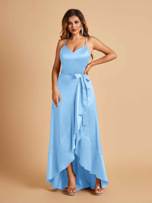Satin Asymmetric V-neck Bridesmaid Dresses Sleeveless Side Slit A-line Unique