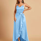 Satin Asymmetric V-neck Bridesmaid Dresses Sleeveless Side Slit A-line Unique For Sale