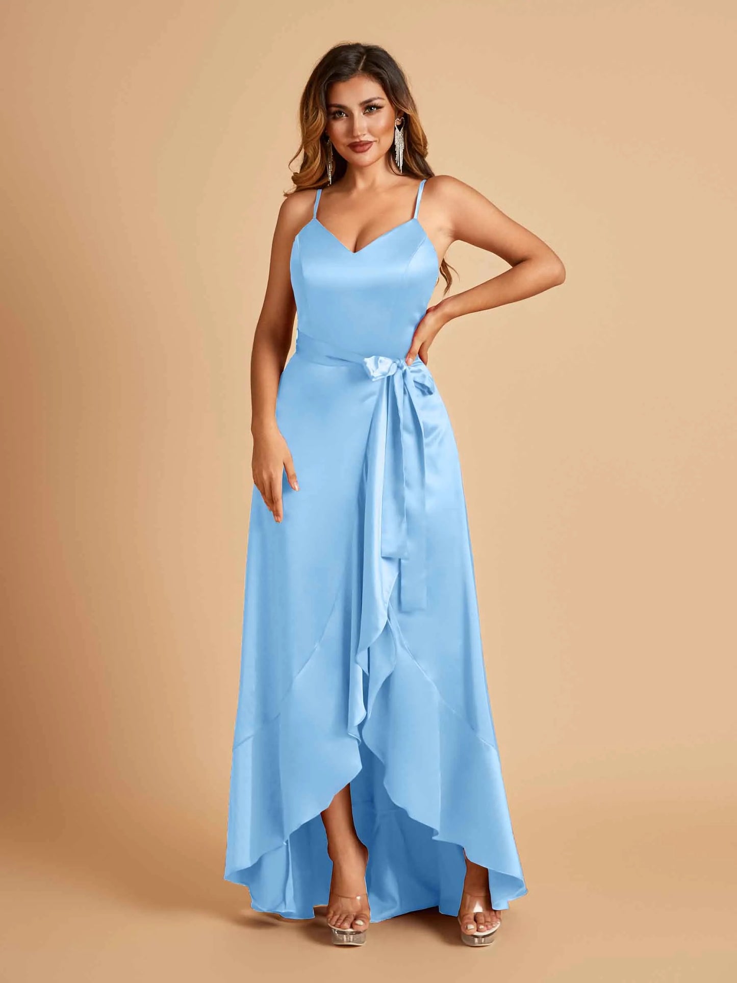 Satin Asymmetric V-neck Bridesmaid Dresses Sleeveless Side Slit A-line Unique For Sale