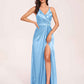 Sexy Satin A-line Prom Dresses Spaghetti Straps Side Slit V-neck Floor Length