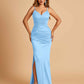 Satin Mermaid Long Bridesmaid Dresses Spaghetti Straps V-neck Side Slit Floor Length