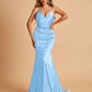 Sexy Satin Mermaid Prom Dresses Spaghetti Straps V-neck Pleats Floor Length
