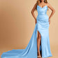 Sexy Satin Sheath Bridesmaid Dresses Strapless Sweetheart Side Slit With Train