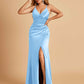 Sexy Satin Sheath Bridesmaid Dresses Spaghetti Straps V-neck Side Slit Pleats Floor Length For Sale