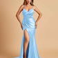 Satin Mermaid V-neck Bridesmaid Dresses Spaghetti Straps Side Slit Floor Length