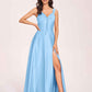 Satin V-neck A-line Prom Dresses Side slit Floor Length