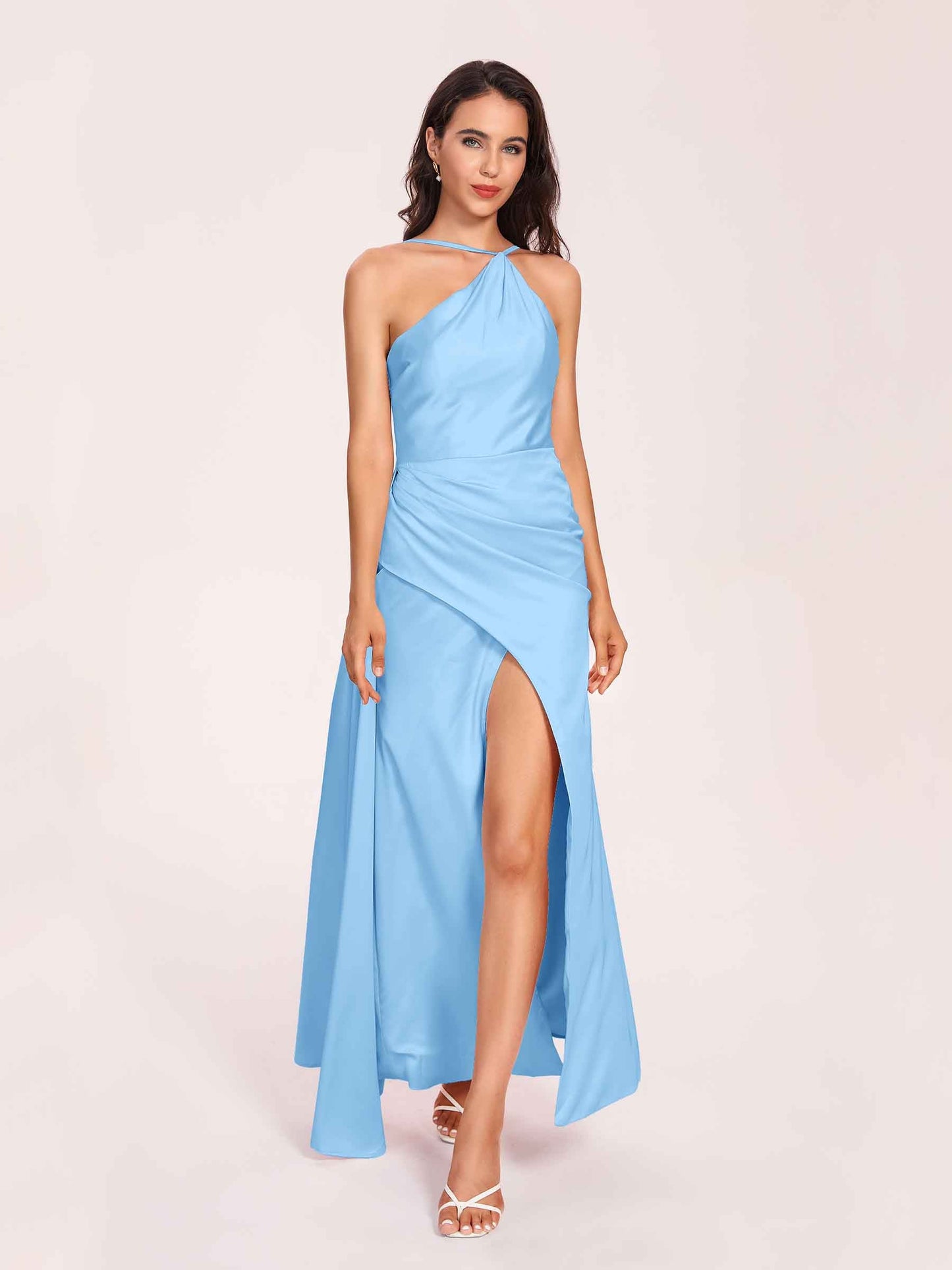 Sexy Satin Halter Strap Sheath Prom Dresses Side Slit Pleats Floor Length