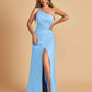 Satin One Shoulder Sheath Prom Dresses Spaghetti Straps Side Slit Floor Length