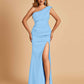 Satin One-shoulder Prom Dresses Mermaid Side Slit Sleeveless Floor Length