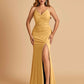 Sexy Jersey Mermaid Bridesmaid Dresses Spaghetti Straps V-neck Criss Cross Side Slit Floor Length