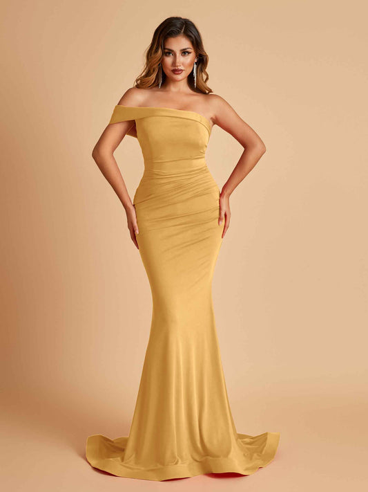Sexy Jersey One Shoulder Bridesmaid Dresses Mermaid Pleats Floor Length Unique