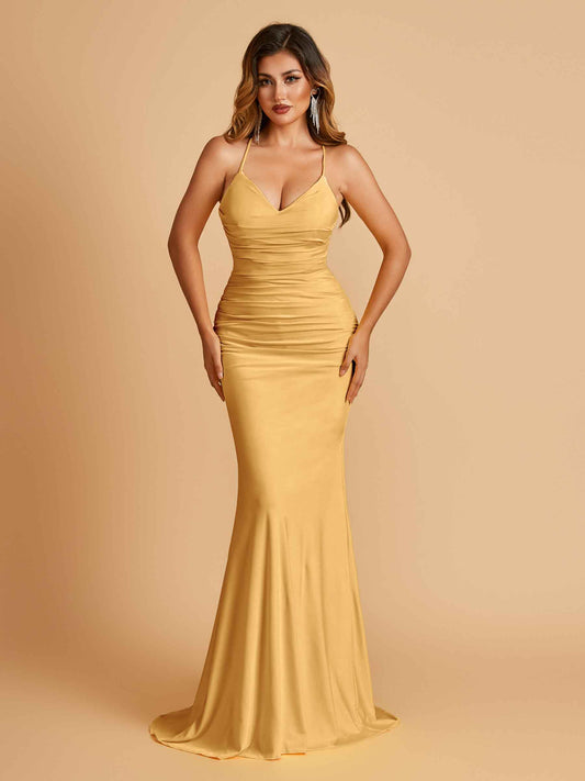 Sexy Jersey Spaghetti Straps Bridesmaid Dresses V-neck Mermaid Criss-cross Back Floor Length
