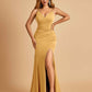 Jersey Mermaid Bridesmaid Dresses Spaghetti Straps V-neck Side Slit Pleats Floor Length