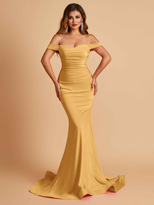 Jersey Mermaid Bridesmaid Dresses Off Shoulder Sweetheart Pleats Floor Length