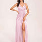 Sexy Satin A-line Bridesmaid Dresses Spaghetti Straps Side Slit V-neck Floor Length