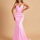 Sexy Satin Mermaid Prom Dresses Spaghetti Straps V-neck Pleats Floor Length