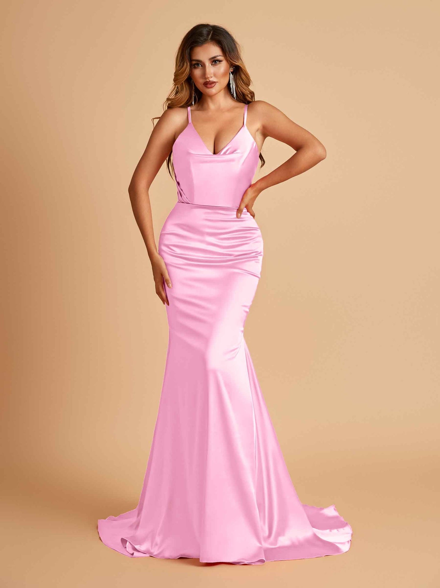 Sexy Satin Mermaid Prom Dresses Spaghetti Straps V-neck Pleats Floor Length