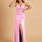 Sexy Satin Sheath Bridesmaid Dresses Spaghetti Straps V-neck Side Slit Pleats Floor Length