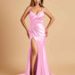 Satin Mermaid V-neck Bridesmaid Dresses Spaghetti Straps Side Slit Floor Length