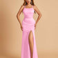 Satin Mermaid Long Bridesmaid Dresses Spaghetti Straps Scoop Side Slit Criss-cross Back