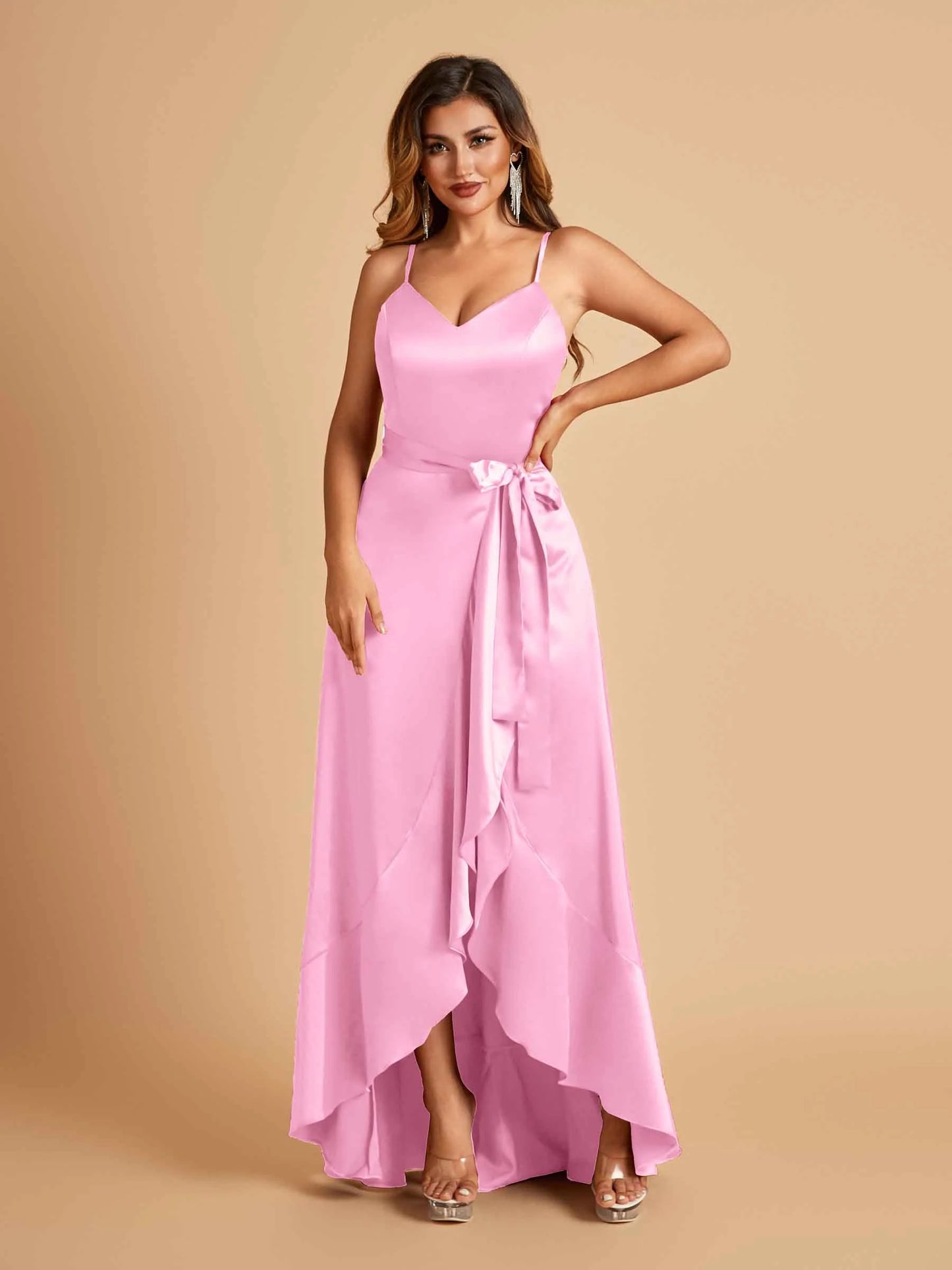 Satin Asymmetric V-neck Bridesmaid Dresses Sleeveless Side Slit A-line Unique For Sale