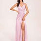Sexy Satin A-line Prom Dresses Spaghetti Straps Side Slit V-neck Floor Length