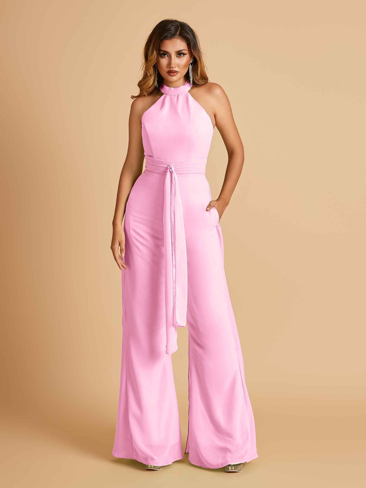 Chiffon Prom Jumpsuit Jewel Neck Sleeveless Floor Length With Pockets