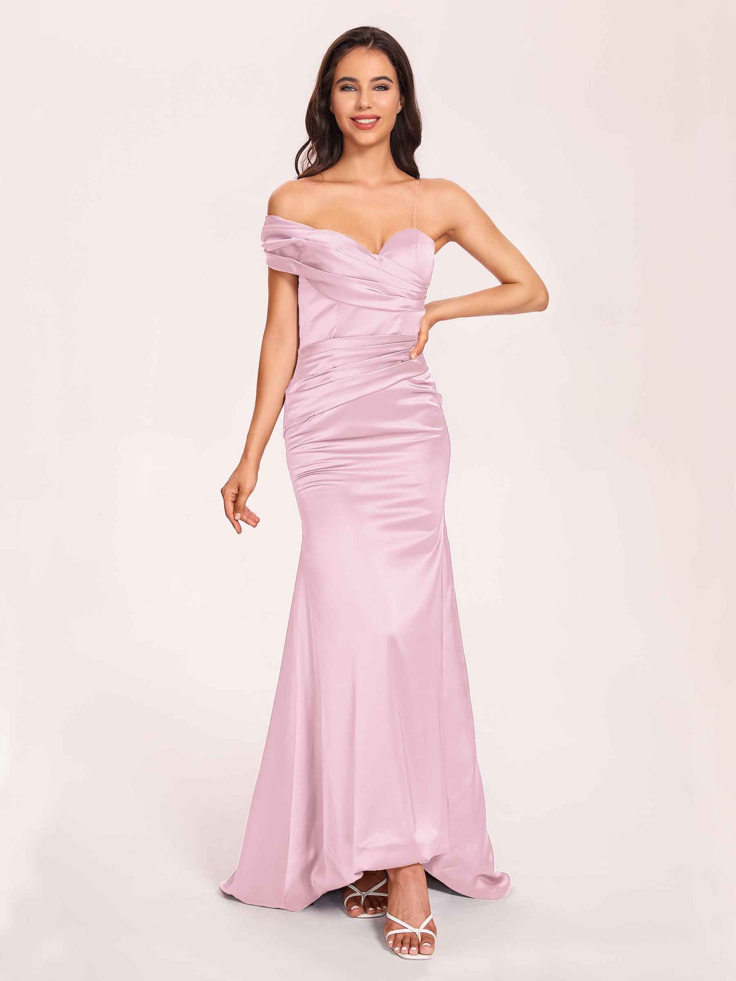 Satin One-shoulder Bridesmaid Dresses Pleats Floor Length Mermaid Long