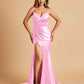Satin Mermaid V-neck Prom Dresses Spaghetti Straps Side Slit Floor Length