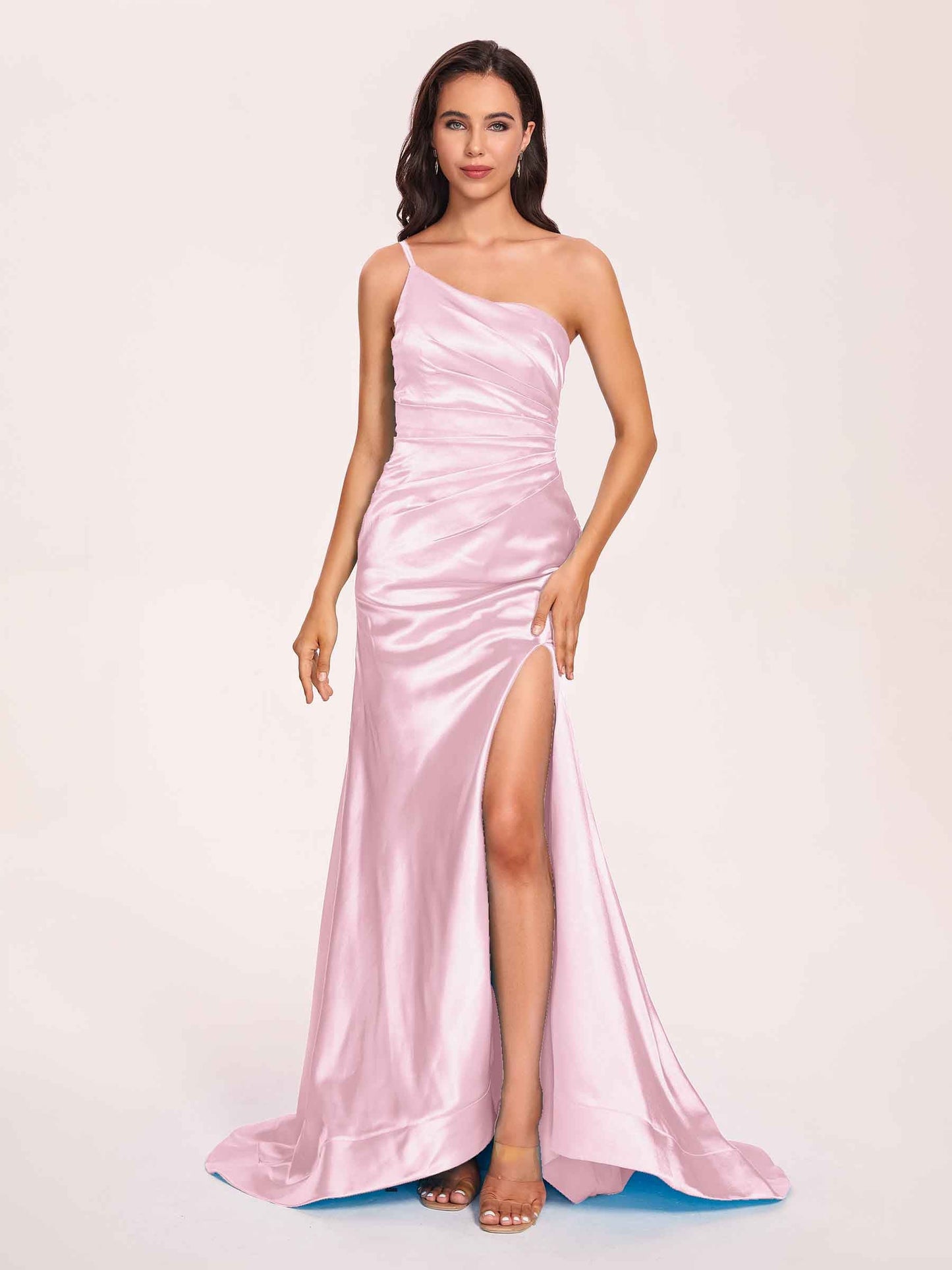 Satin One-shoulder Mermaid Prom Dresses Side Slit Pleats Floor Length