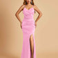 Sexy Satin Mermaid Bridesmaid Dresses Spaghetti Straps V-neck Side Slit Floor Length