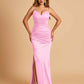Satin Mermaid Long Prom Dresses Spaghetti Straps V-neck Side Slit Floor Length