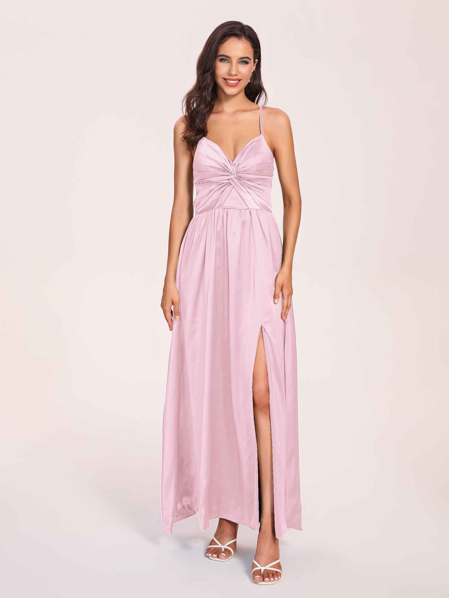 Satin Spaghetti Straps A-line Bridesmaid Dresses Side Slit Floor Length