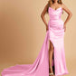 Sexy Satin Sheath Bridesmaid Dresses Strapless Sweetheart Side Slit With Train