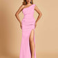 Satin One-shoulder Bridesmaid Dresses Mermaid Side Slit Sleeveless Floor Length