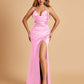 Sexy Satin Halter Straps Sheath Prom Dresses Side Slit Pleats Floor Length